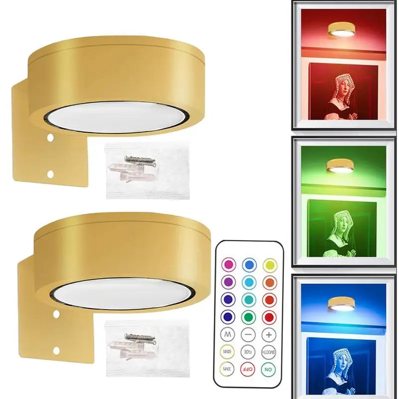 Gold LED magnetic wall sconce lights with remote control for 13-color RGB and dimmable features, shown with art display examples.