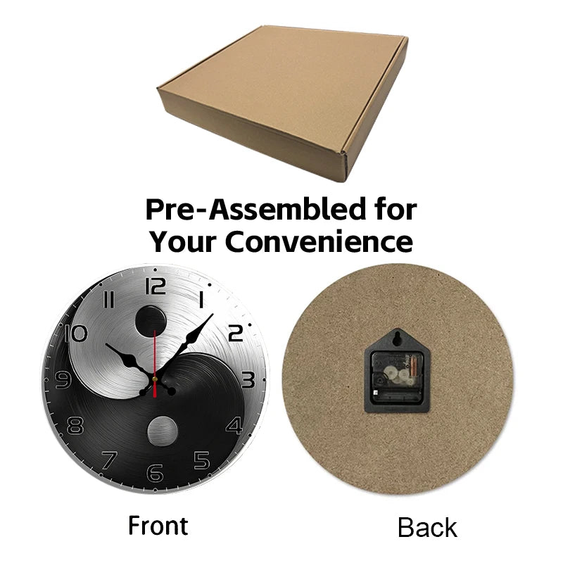 Yin Yang Metal Design Wooden Round Silent Hanging Wall Clock, Suitable For Living Room,Office,Study Room,Bedroom,Home Decoration