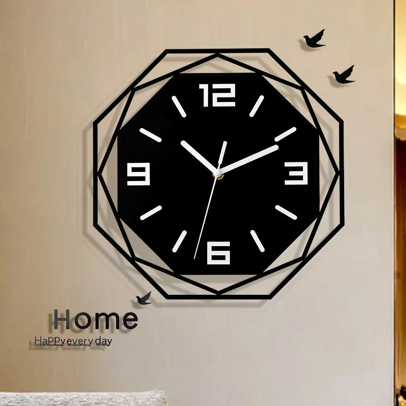Modern minimalist decorative wall clock with geometric design and bold numerals, mounted on a light wall with bird cutouts and decorative text.