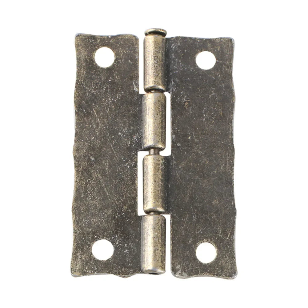 Antique bronze cabinet door hinge with barrel design and four screw holes, perfect for DIY box furniture projects.