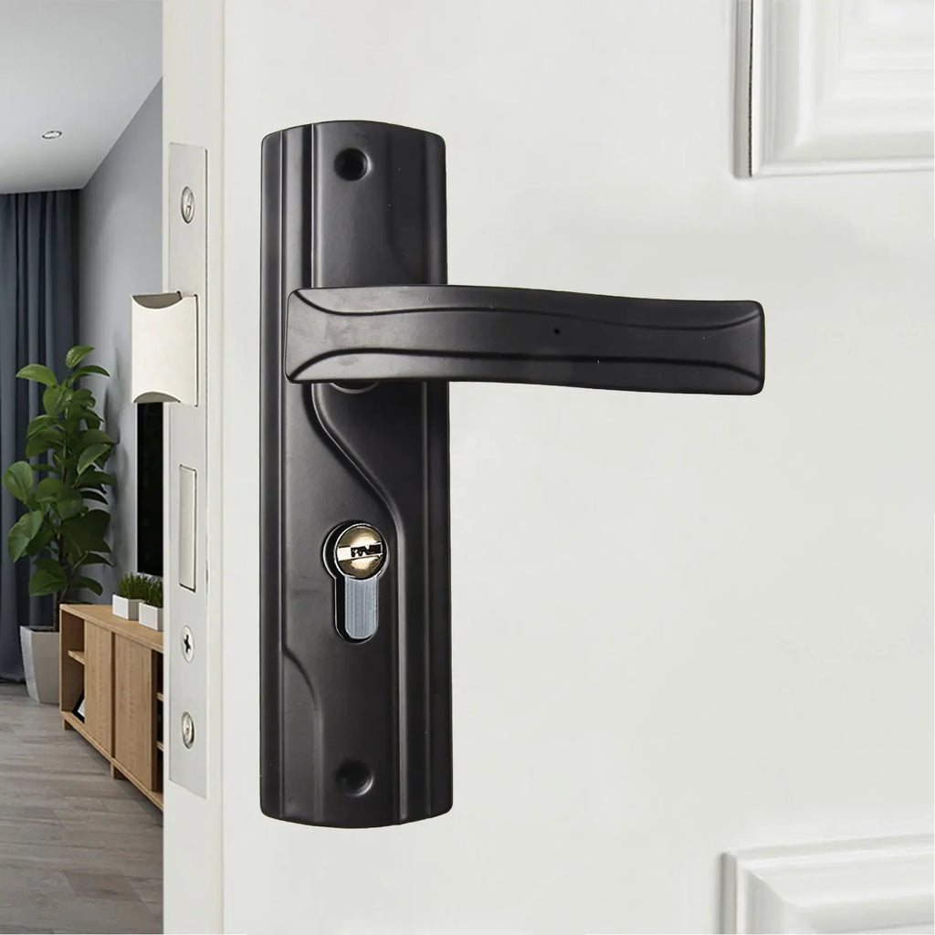 Elegant black door handle lock on white door, featuring easy installation and high-quality material for effortless locking.