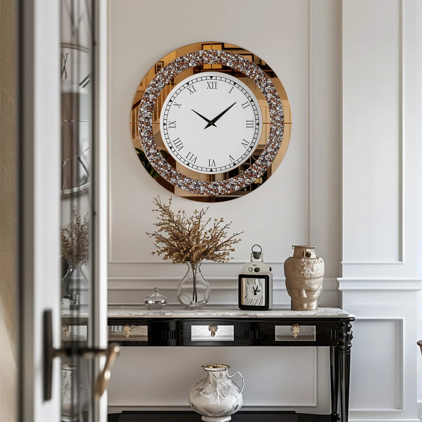 Silver,Tawny Tinted Round Mirror ,24inch Crystal Sparkle Twinkle Bling Crush Diamond Large Mirrored Wall Clock for Living Room