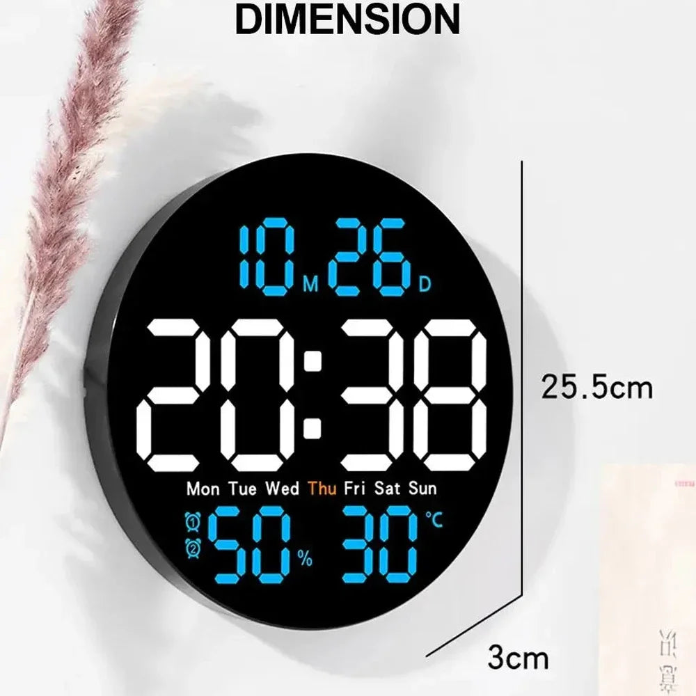 10 inch simple living room wall clock with control temperature humidity date week display countdown clock LED alarm clock