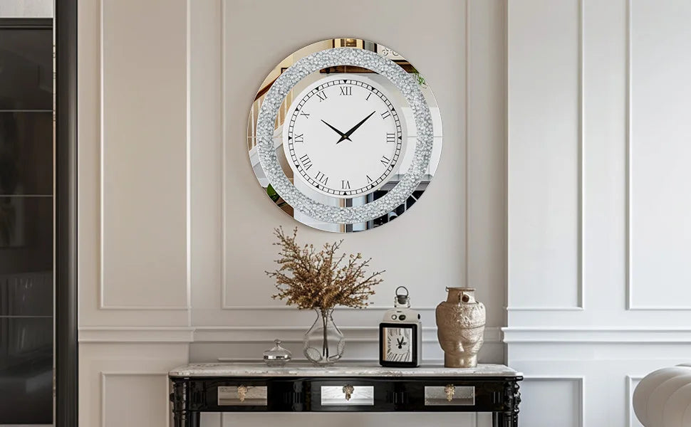 Silver,Tawny Tinted Round Mirror ,24inch Crystal Sparkle Twinkle Bling Crush Diamond Large Mirrored Wall Clock for Living Room