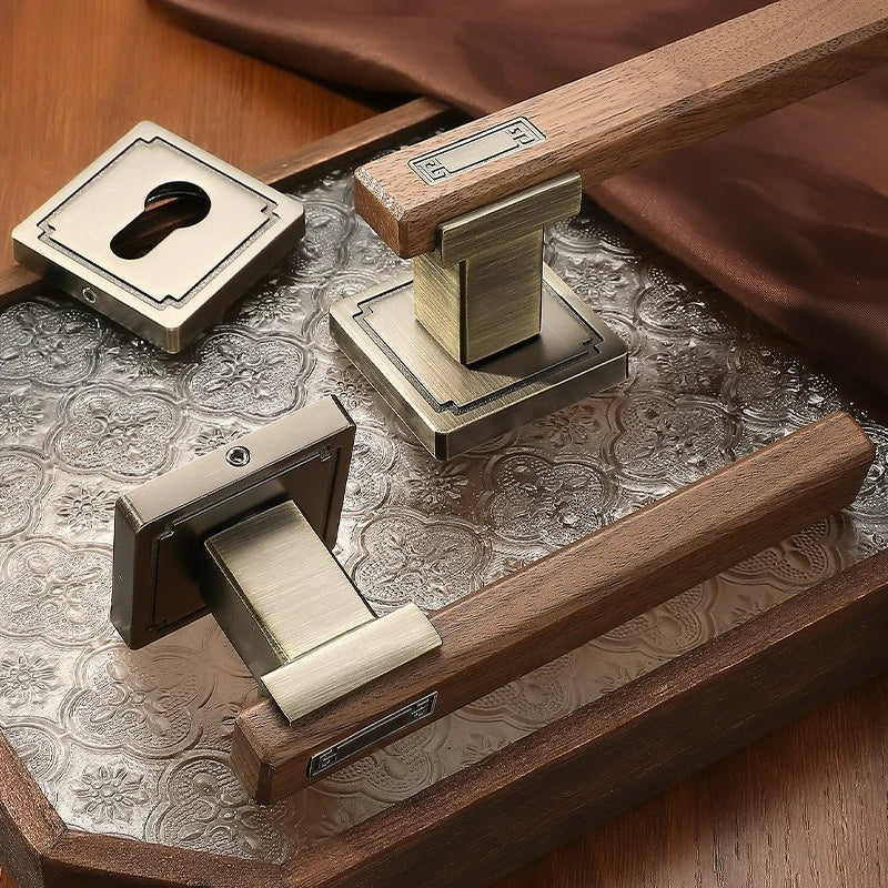Chinese Style Indoor Household Bedroom Door Lock Magnetic/silent Split Walnut Wood Door Handle Lock