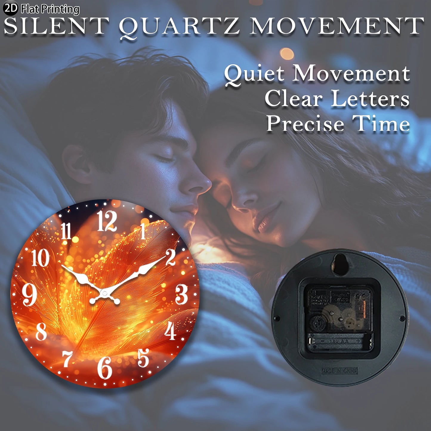 Wooden Silent Wall Clock Abstract glowing feathers Quartz Analog Clock for Bedroom Bathroom Halloween New Year Gift