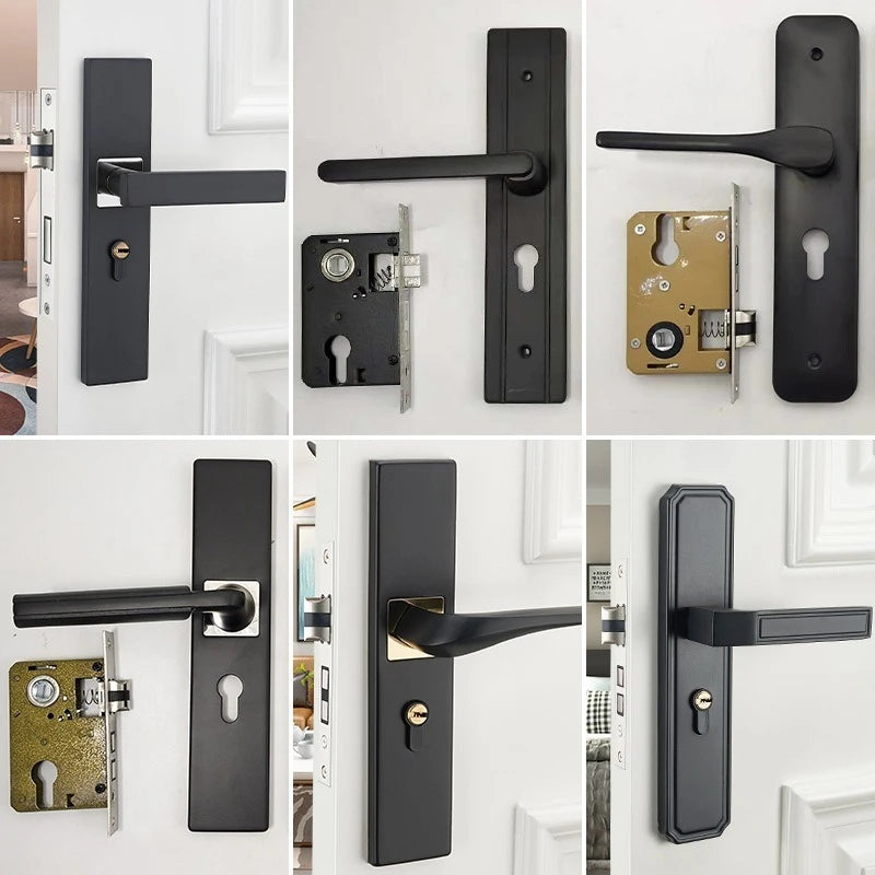 Complete black door lock set with solid wood handle for indoor use, featuring lock body and core for bedroom and bathroom doors.