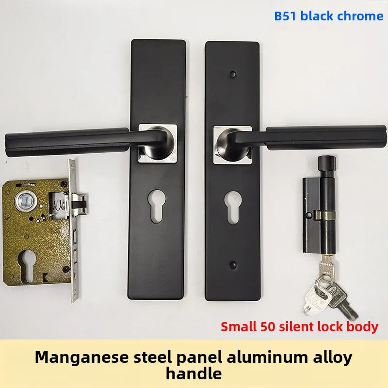 Complete Door Lock Set for Indoor Bedroom, Black Bathroom Solid Wood Handle Silent Home Door Lock, Includes Lock Body and Core