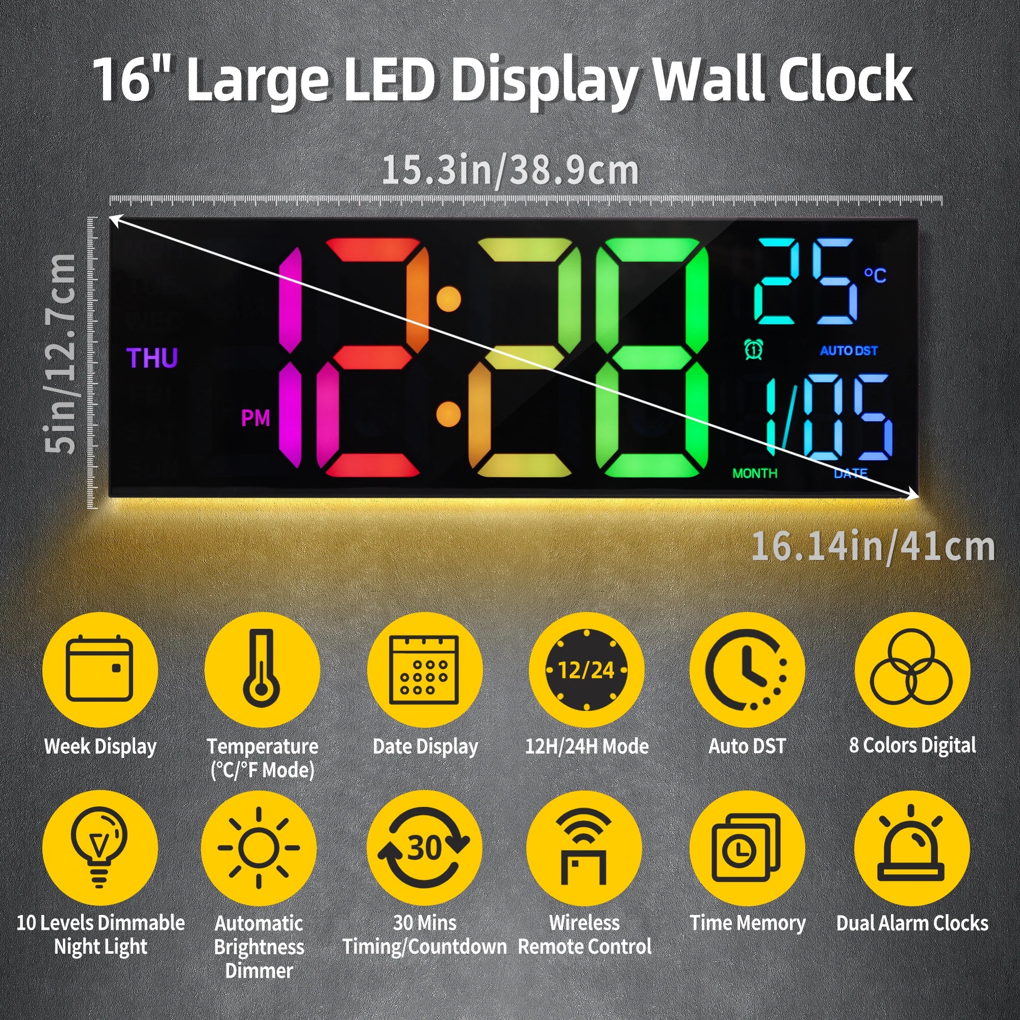 16" B Large Digital Wall Clock, Big LED Display with Remote, 8 RGB Color, Alarm, DST, Temperature for Living Room, Office