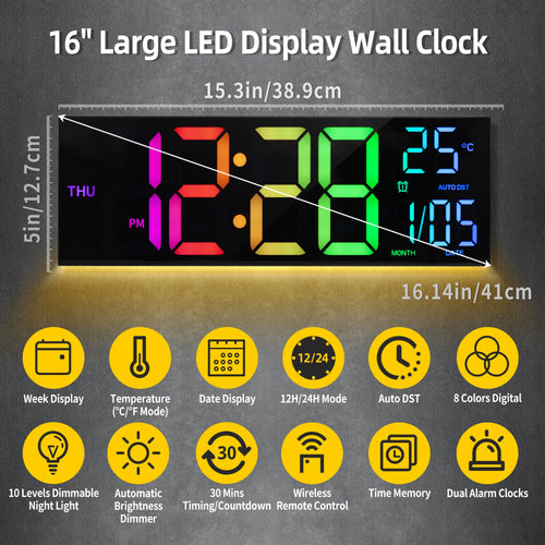 16" B Large Digital Wall Clock, Big LED Display with Remote, 8 RGB Color, Alarm, DST, Temperature for Living Room, Office
