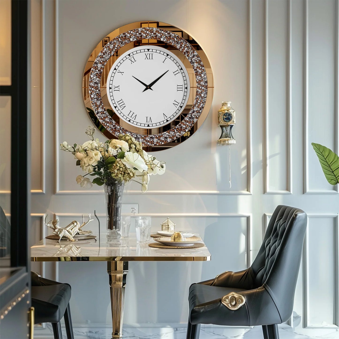 Silver,Tawny Tinted Round Mirror ,24inch Crystal Sparkle Twinkle Bling Crush Diamond Large Mirrored Wall Clock for Living Room