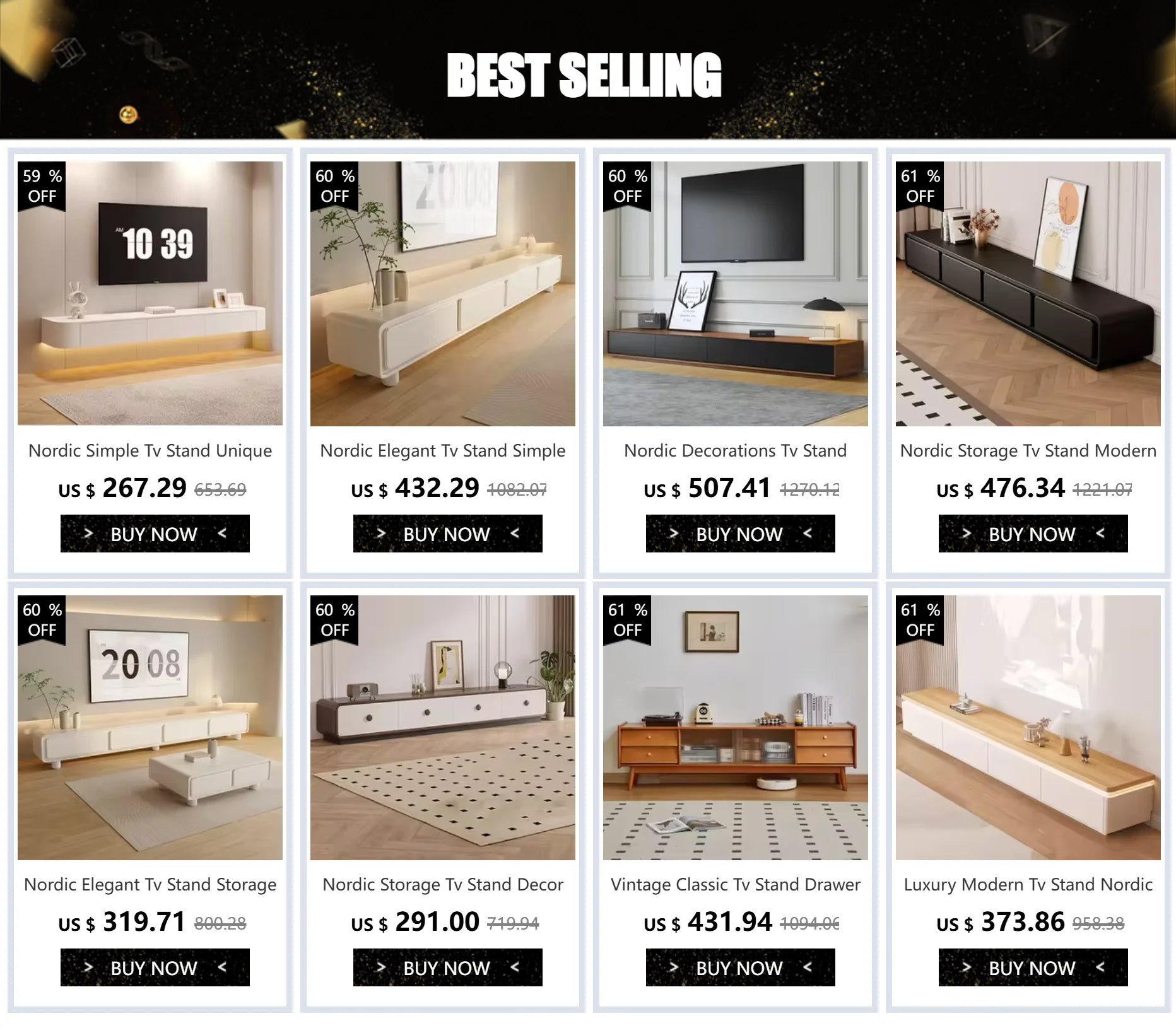 Nordic-style TV stands with discounts, featuring various designs and colors. Best selling collection with prices and discounts displayed.