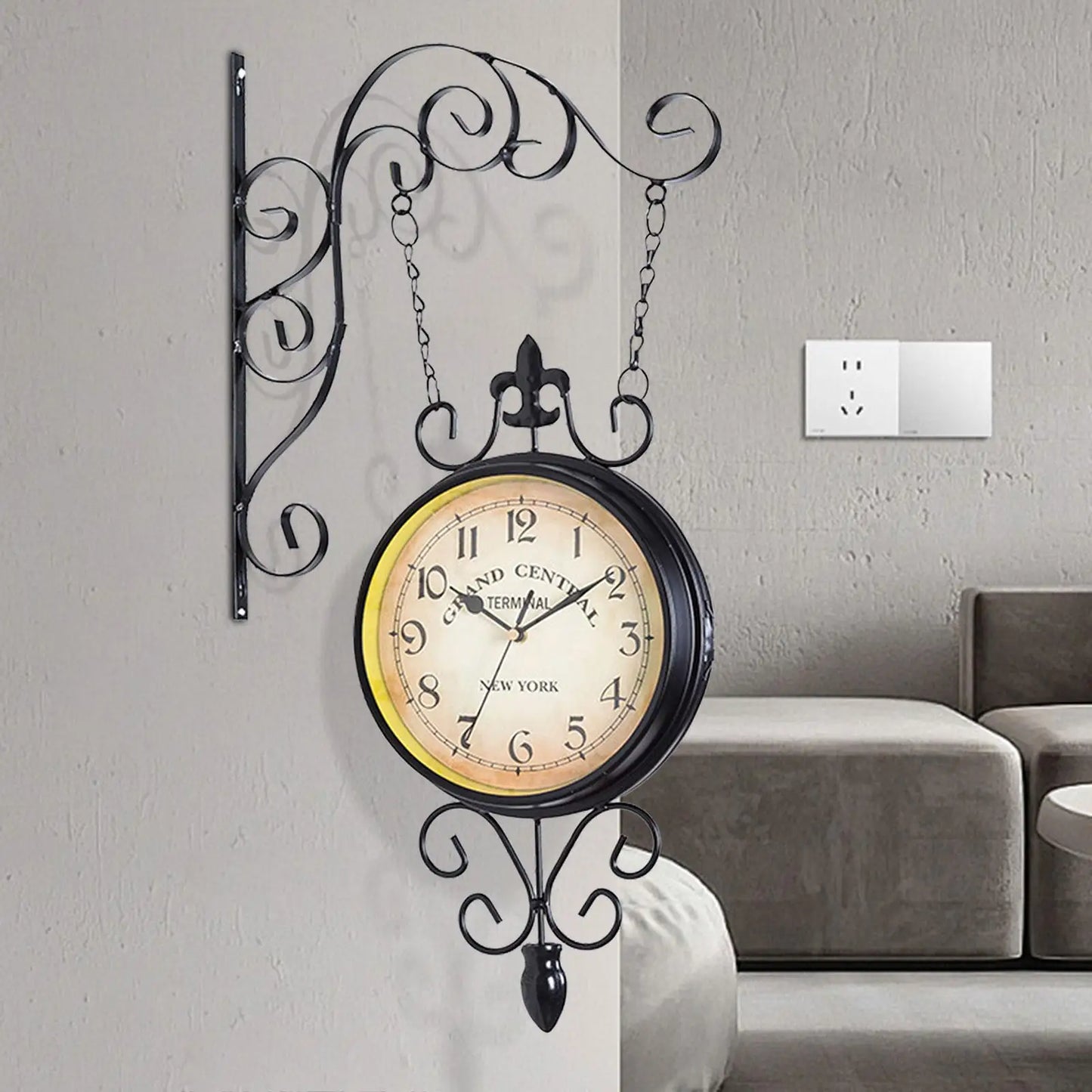 Double Sided Station Clock Round Silent Wall Clock for Kitchen Outdoor Patio