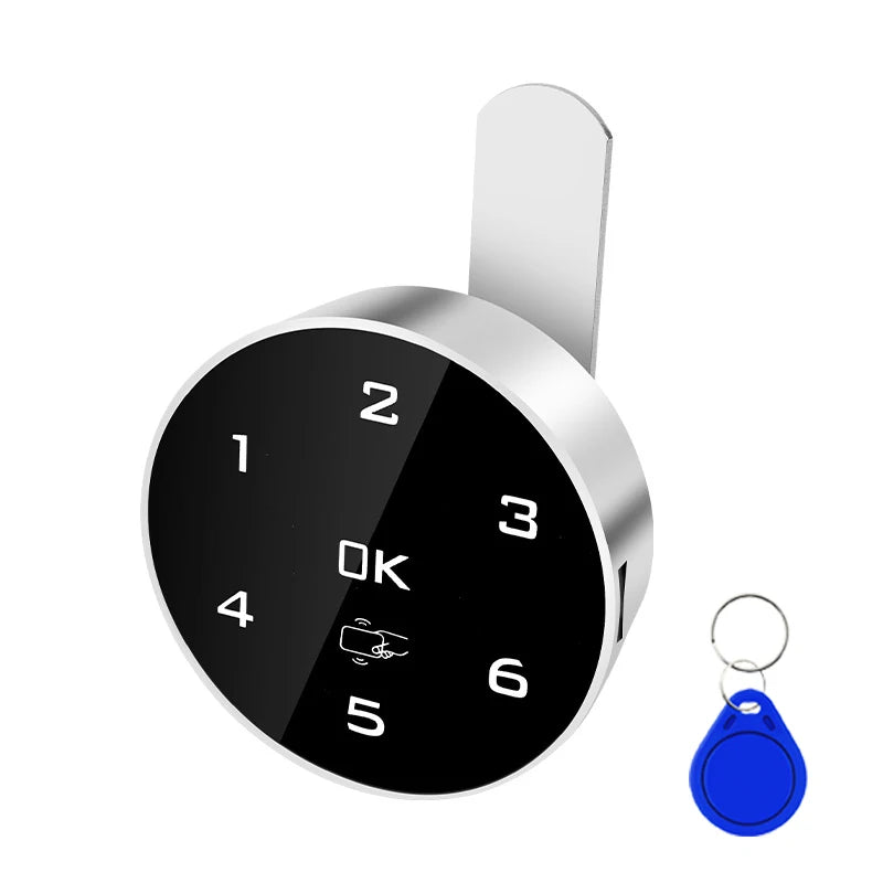 Touch keypad digital password RFID IC card cabinet drawer lock with silver finish and blue RFID key fob.