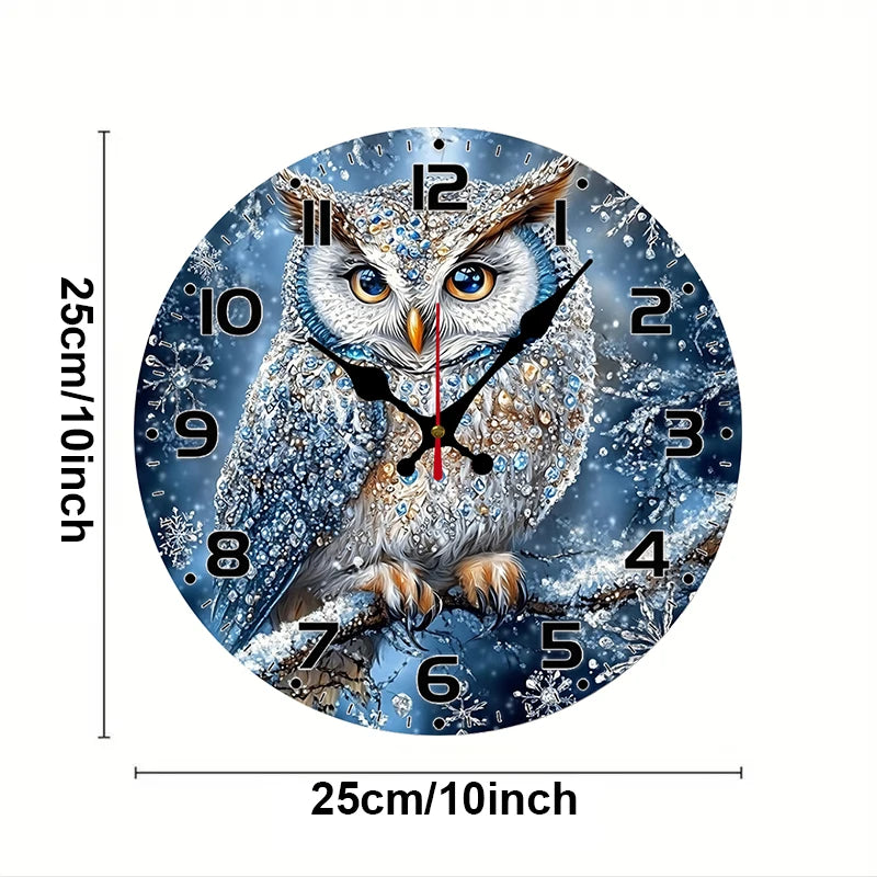 Snowy Owl Wooden Round Silent Hanging Wall Clock, Suitable For Living Room, Office, Study Room, Bedroom, Home Decoration