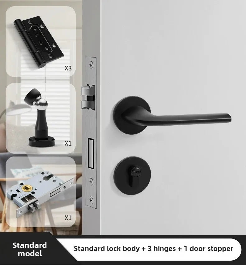 Black American Style Indoor Door Lock, Integrated Magnetic Silent Wooden Door Handle, Universal Home Bedroom Lock