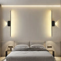 Modern minimalist LED wall lamps in a bedroom setting, featuring long strip sconces with ambient lighting on either side of a bed.
