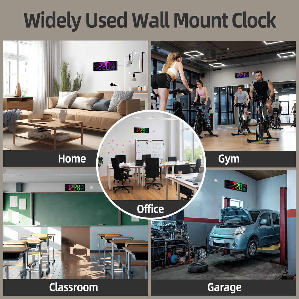 16" B Large Digital Wall Clock, Big LED Display with Remote, 8 RGB Color, Alarm, DST, Temperature for Living Room, Office