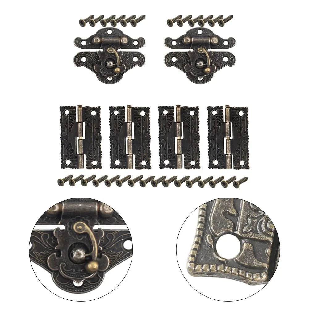 6pcs Antique Bronze Cabinet Door Hinges with Screws and Latch Hasp for DIY Box Furniture Projects