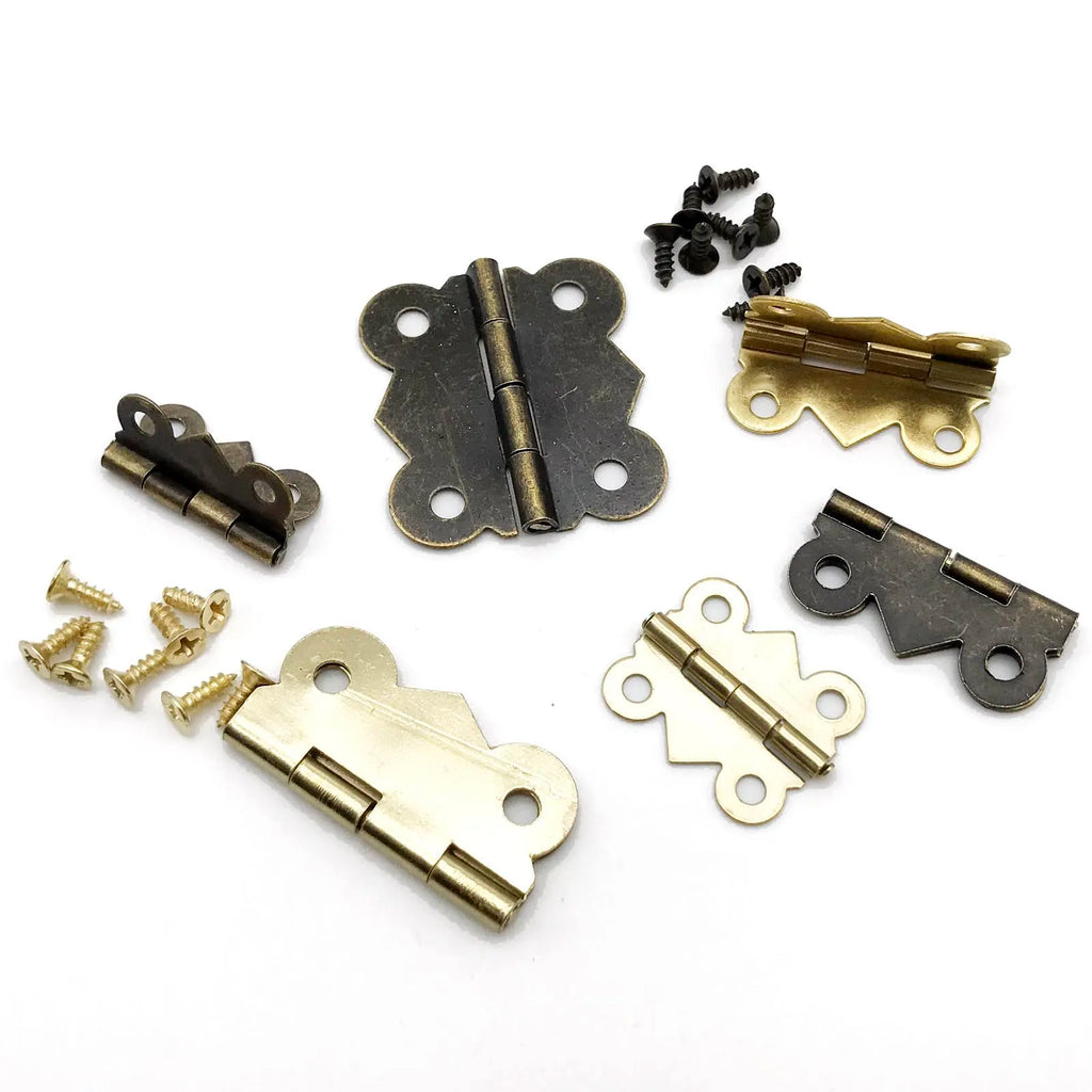 12pcs small heavy-duty butterfly-shaped hinges for jewelry chests and gift boxes with screws in brass and black colors, shown in various sizes.
