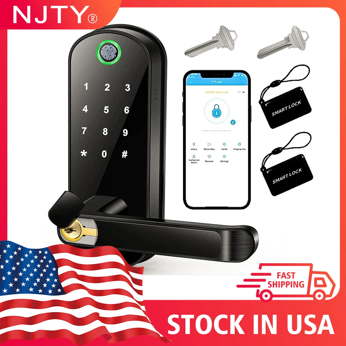 Smart Fingerprint Door Lock App Remote Control Keyless WIFI Digital Touchscreen Lock NFC IP67 Waterproof with 2 IC Cards