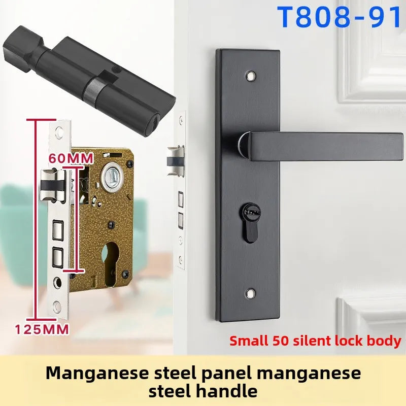 Complete Door Lock Set for Indoor Bedroom, Black Bathroom Solid Wood Handle Silent Home Door Lock, Includes Lock Body and Core