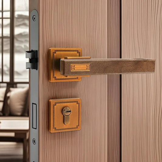 New Chinese Style Walnut Interior Room Bedroom Door Lock, Household Split Magnetic/silent Door Lock, Wooden Door Handle Lock