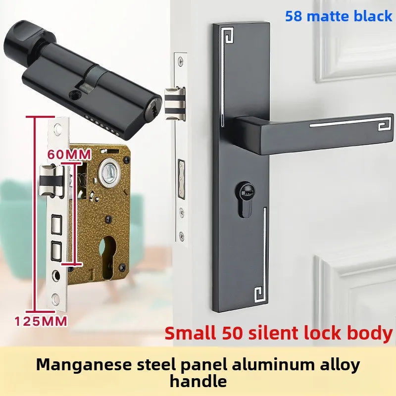 Complete Door Lock Set for Indoor Bedroom, Black Bathroom Solid Wood Handle Silent Home Door Lock, Includes Lock Body and Core