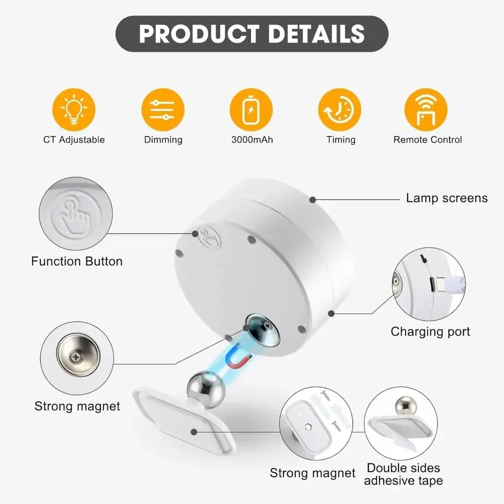 LED Wall Sconces light, 3 Brightness Levels 3 Color Modes Wall Lights Battery Operated 360° Rotatable Touch Control Wall lamp