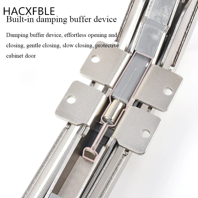 Close-up of a cabinet hinge with built-in damping buffer for silent and gentle closing, featuring metal construction and mounting holes.