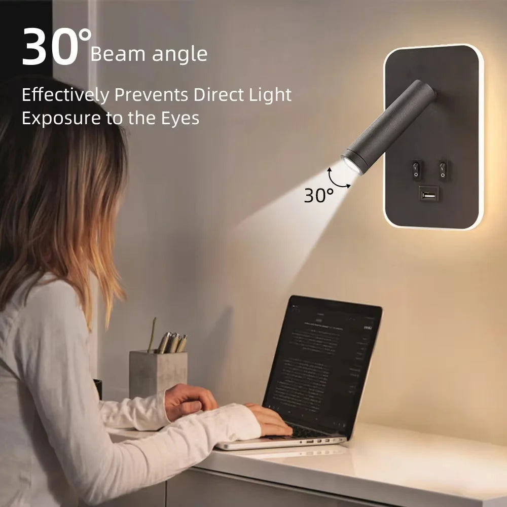 LED Wall lamp and Reading light,Multifunctional Wall Sconces with USB Port,LED Wall Lamp with Bedside Night light for Bedroom