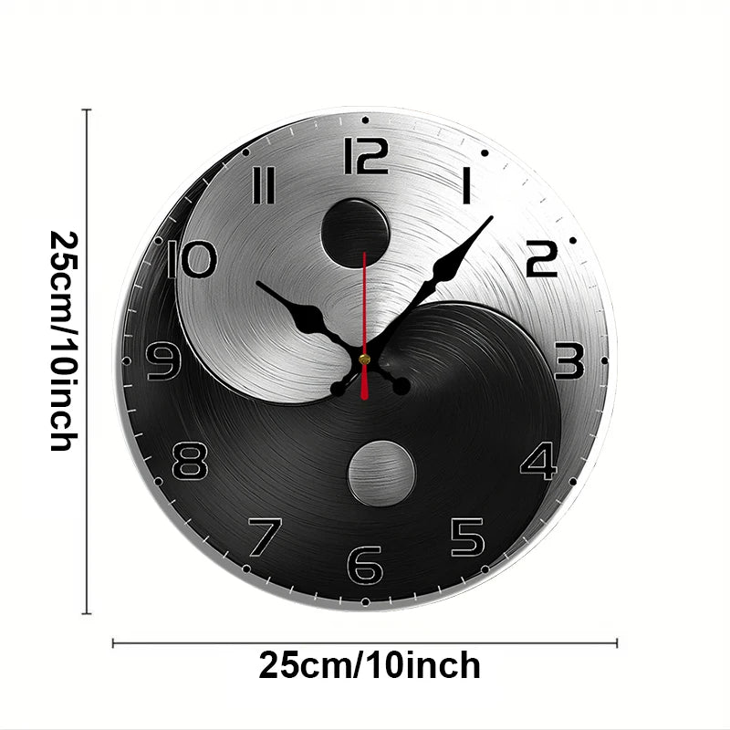 Yin Yang Metal Design Wooden Round Silent Hanging Wall Clock, Suitable For Living Room,Office,Study Room,Bedroom,Home Decoration