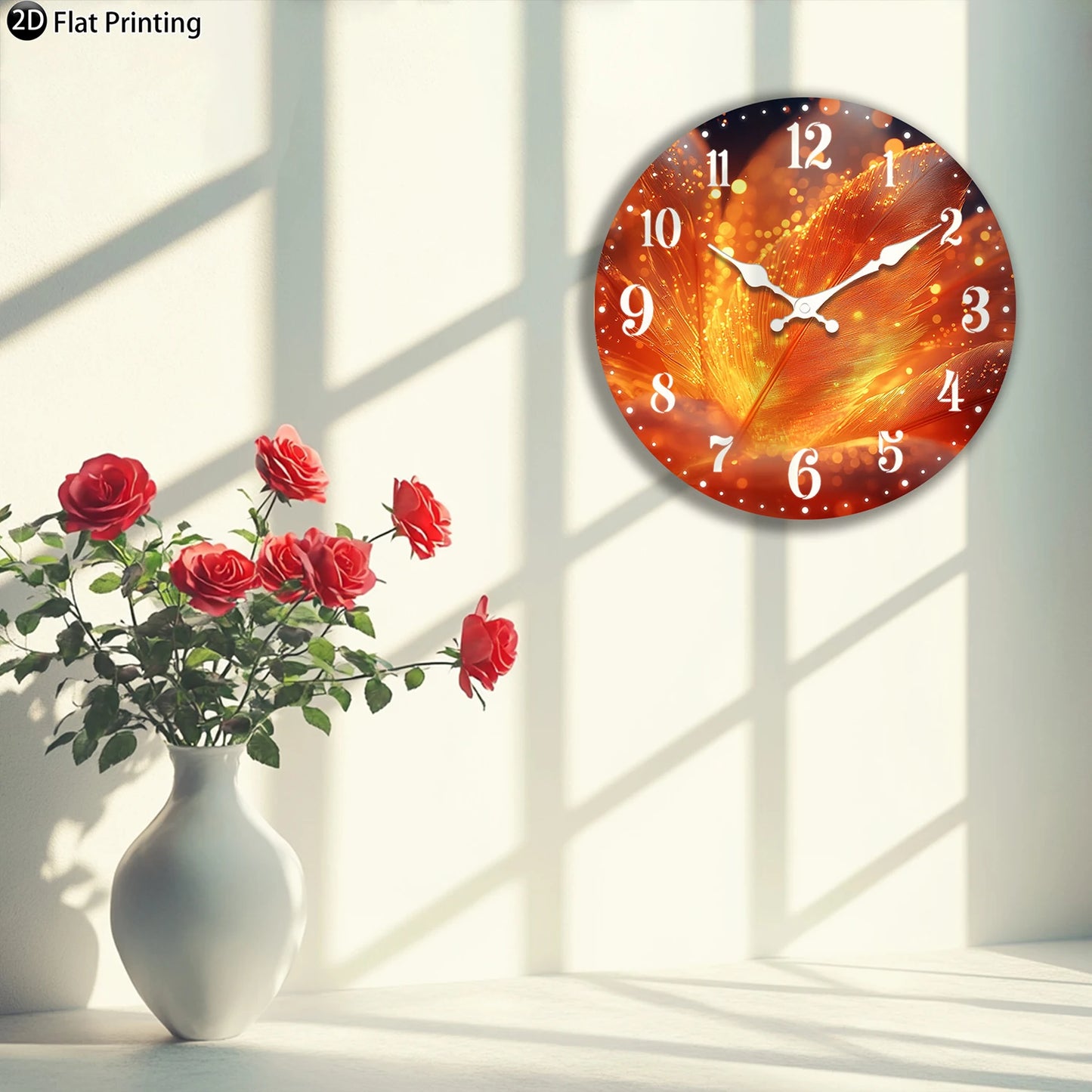 Wooden Silent Wall Clock Abstract glowing feathers Quartz Analog Clock for Bedroom Bathroom Halloween New Year Gift