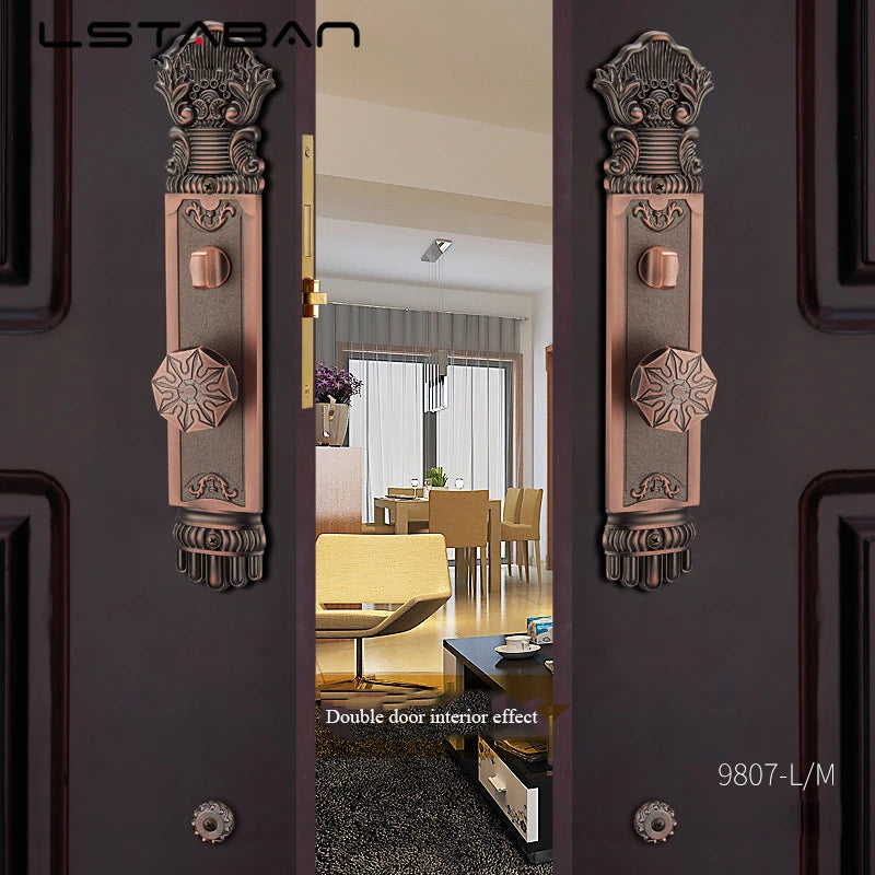 Premium European villa door lock with bronze finish on a dark wooden door, showcasing intricate design and double door compatibility.