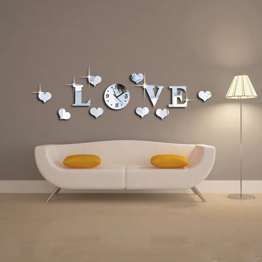 Acrylic DIY 3D Crystal Mirror Decorative ‘’love‘’ Wall Quartz Clock Home Decor Living Room Kitchen Clocks Home Modern Decoration