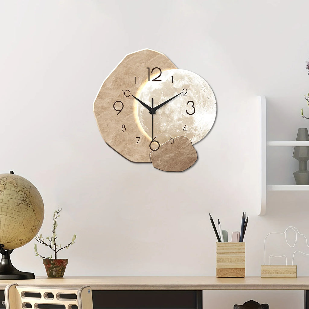 Modern simple silent wall clock with moon design, made of wooden material, suitable for bedroom, living room, or office decoration.