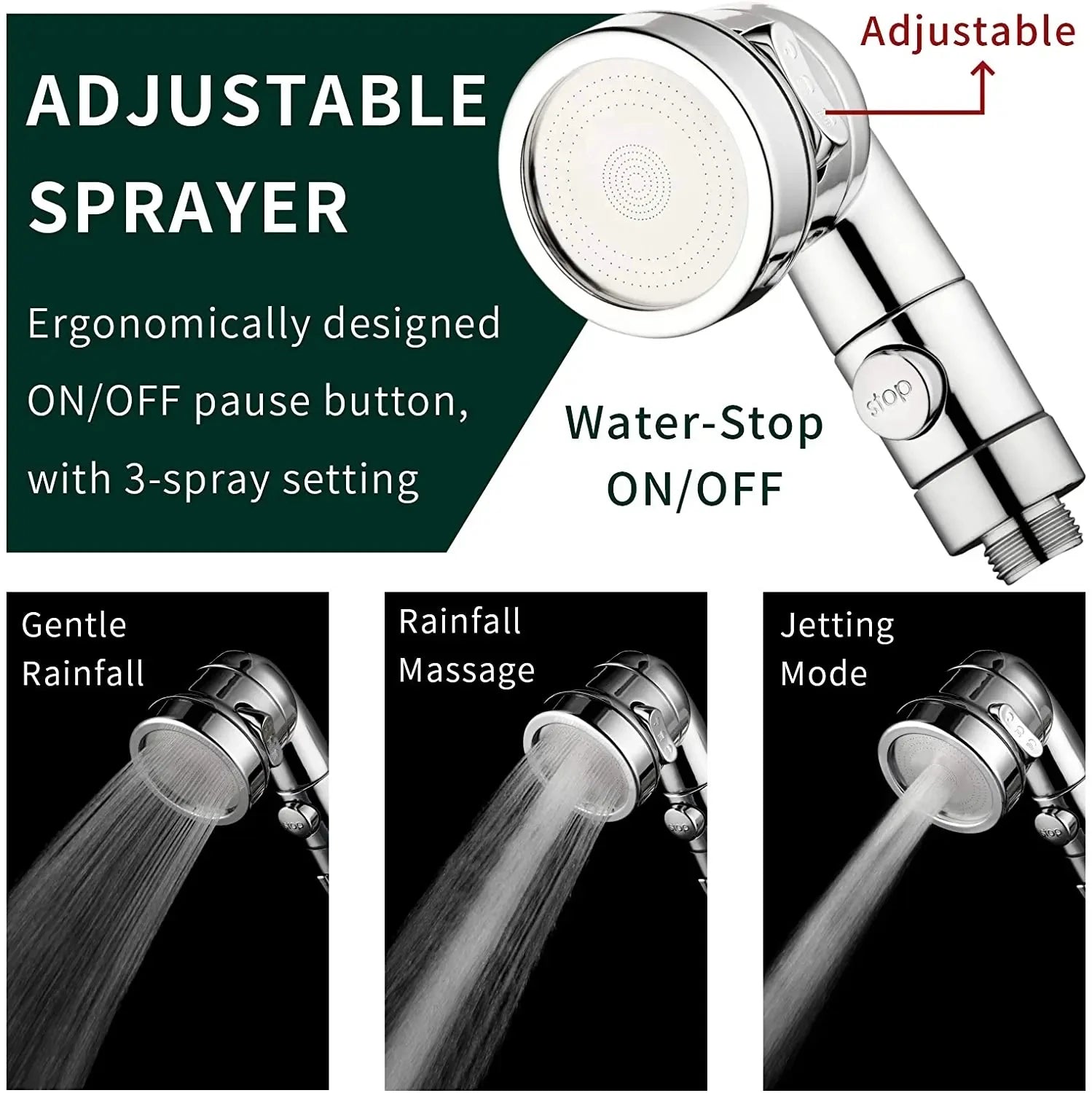 Adjustable Faucet Shower Head Extender with ON/OFF Pause Button and 3-Spray Setting