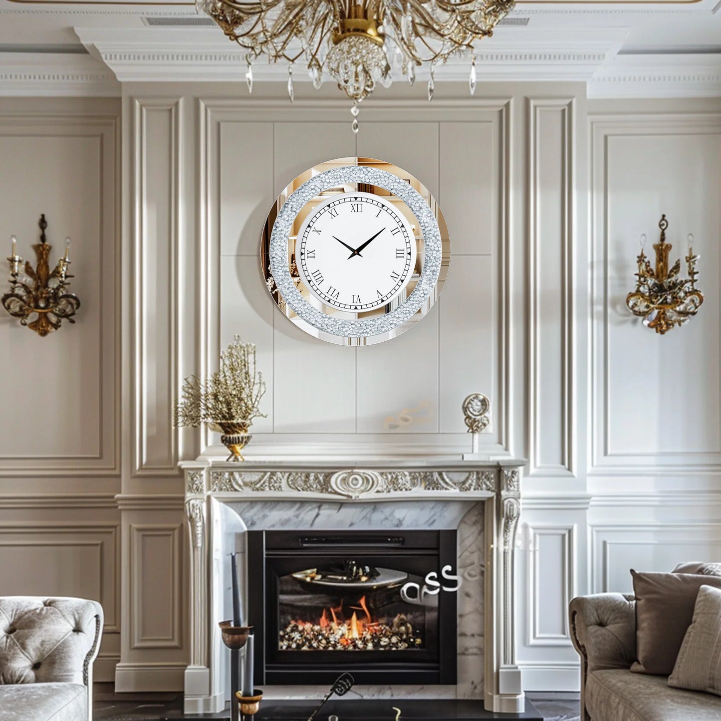Silver,Tawny Tinted Round Mirror ,24inch Crystal Sparkle Twinkle Bling Crush Diamond Large Mirrored Wall Clock for Living Room