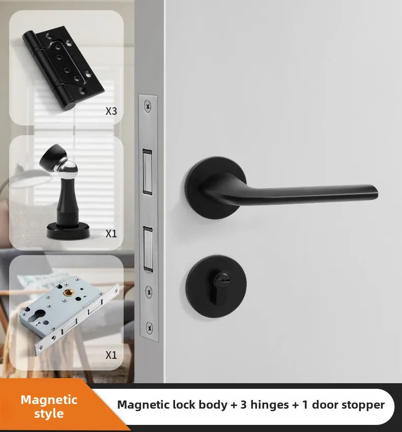 Black American Style Indoor Door Lock, Integrated Magnetic Silent Wooden Door Handle, Universal Home Bedroom Lock
