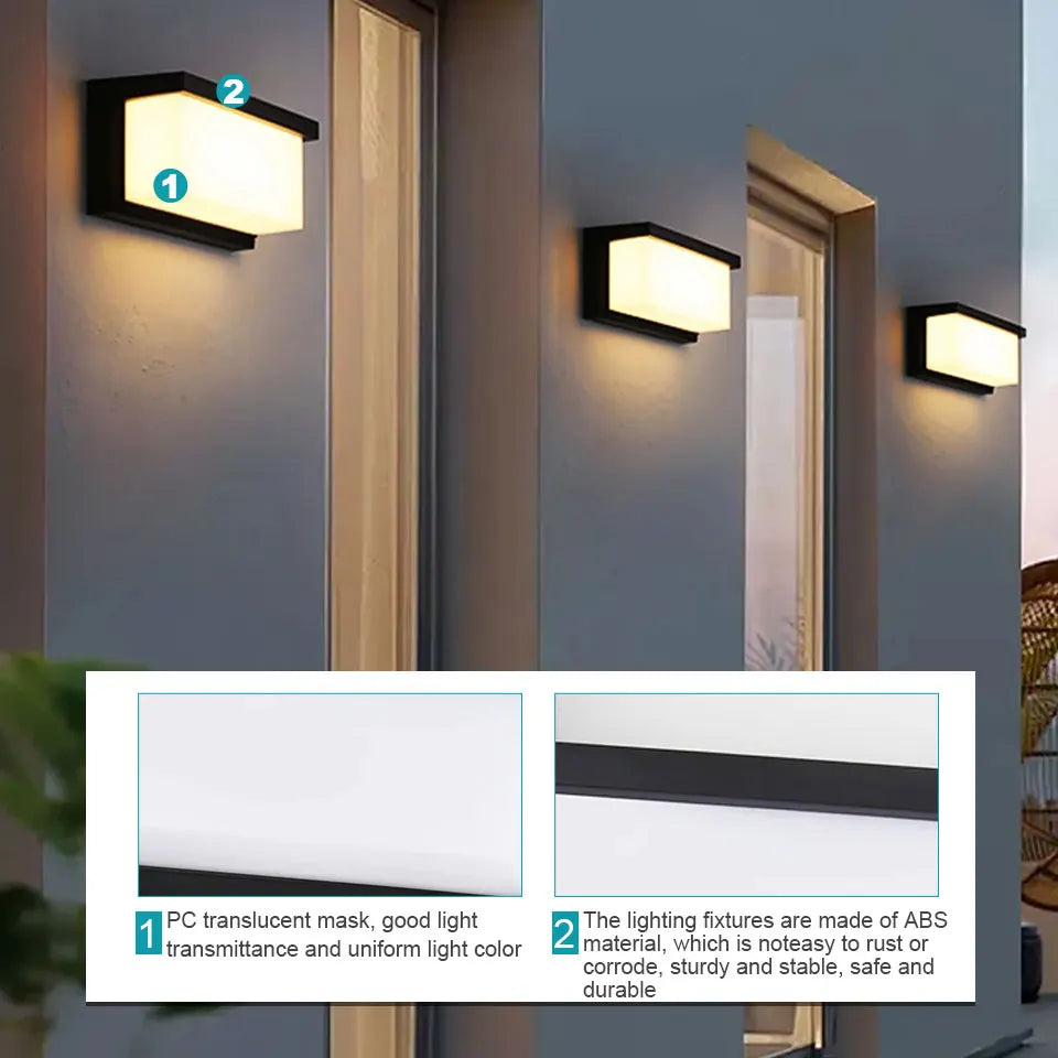 Modern LED wall light with sensor, featuring a PC translucent mask and durable ABS material. Perfect for outdoor use.