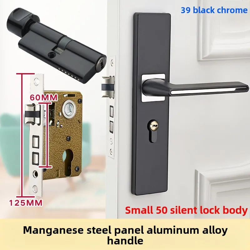 Complete Door Lock Set for Indoor Bedroom, Black Bathroom Solid Wood Handle Silent Home Door Lock, Includes Lock Body and Core