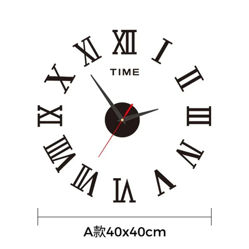 Large 3D DIY silent wall clock with Roman numerals in black, featuring a punch-free installation and a 40x40cm size.