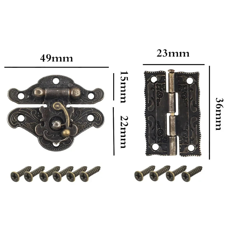 6pcs Antique Bronze Cabinet Door Hinge For DIY Box Furniture Hinges With Screws Wooden Box Latch Hasp Furniture Hardware