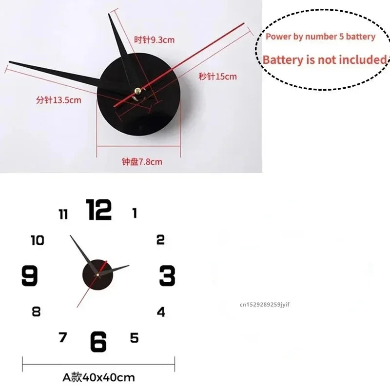 3D Acrylic Mirror Wall Clock Sticker with black hands and red second hand, 40CM DIY quartz clock for home decoration, battery not included.
