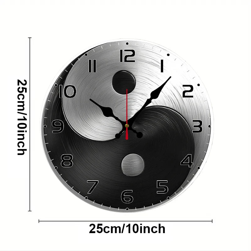 Yin Yang Metal Design Wooden Round Silent Hanging Wall Clock, Suitable For Living Room,Office,Study Room,Bedroom,Home Decoration