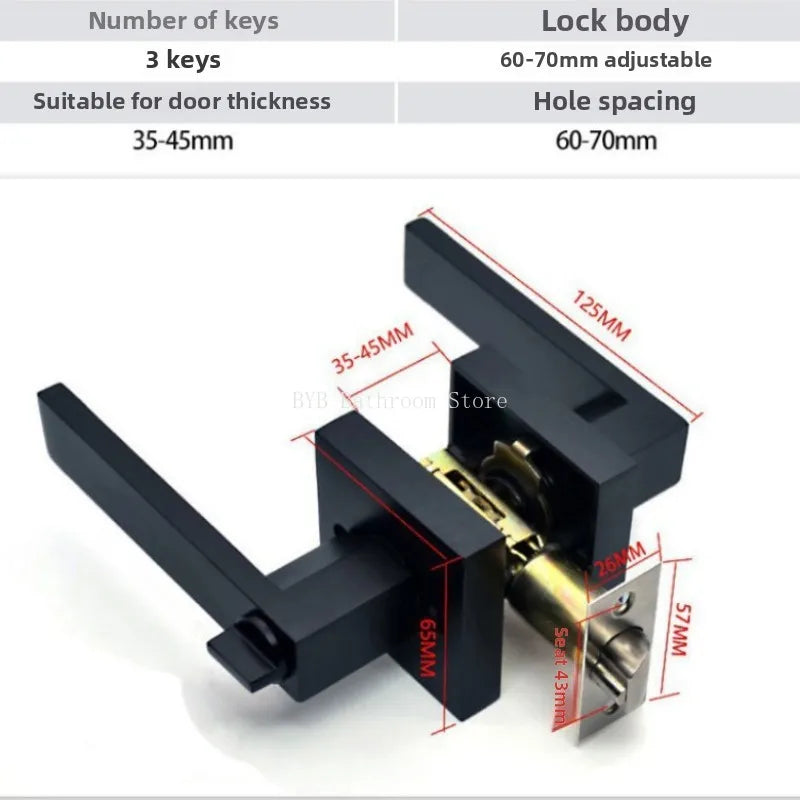 Black square door handle with privacy lock, includes 3 keys, suitable for 35-45mm door thickness, adjustable lock body 60-70mm.