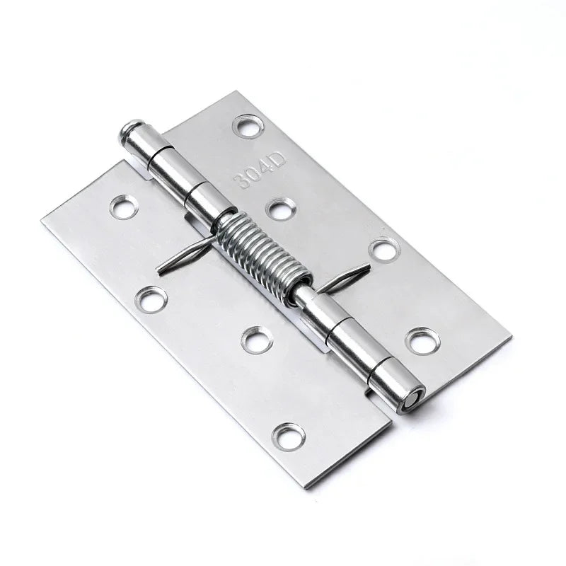 Stainless steel automatic rebound door hinge with spring, featuring multiple mounting holes and marked with '304D'.