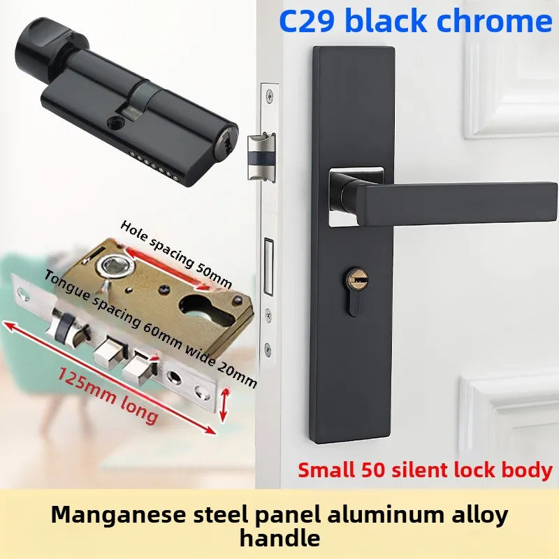 Complete Door Lock Set for Indoor Bedroom, Black Bathroom Solid Wood Handle Silent Home Door Lock, Includes Lock Body and Core
