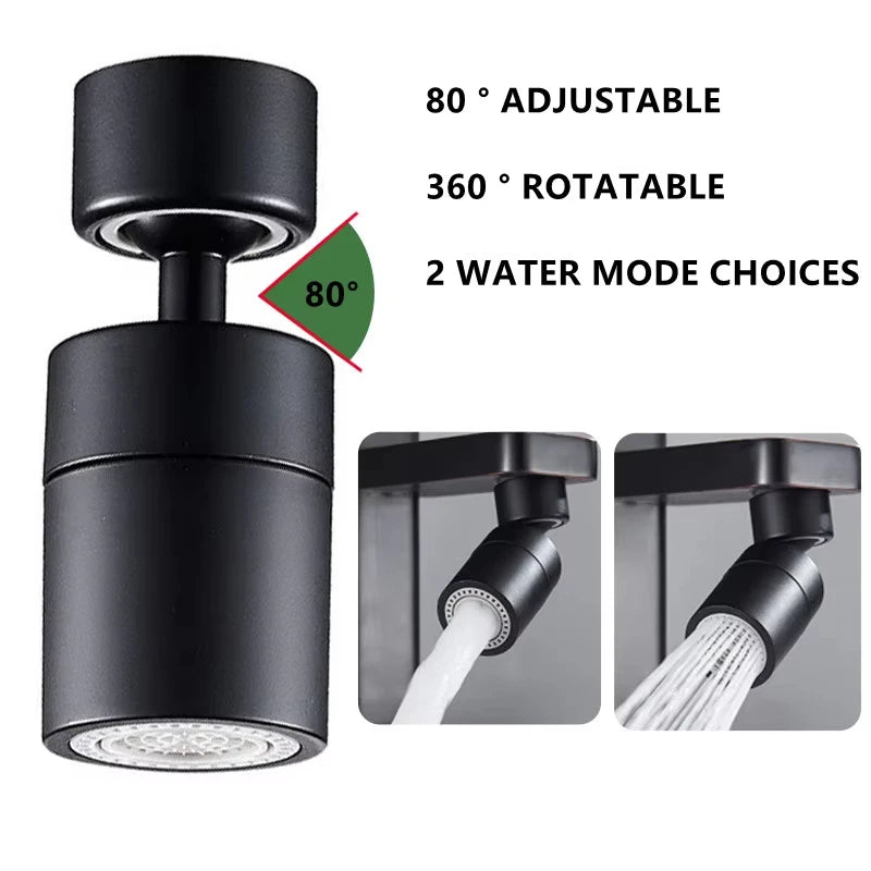 Premium rotatable kitchen faucet in matte black with 80° adjustability and 360° rotation, featuring two water modes.