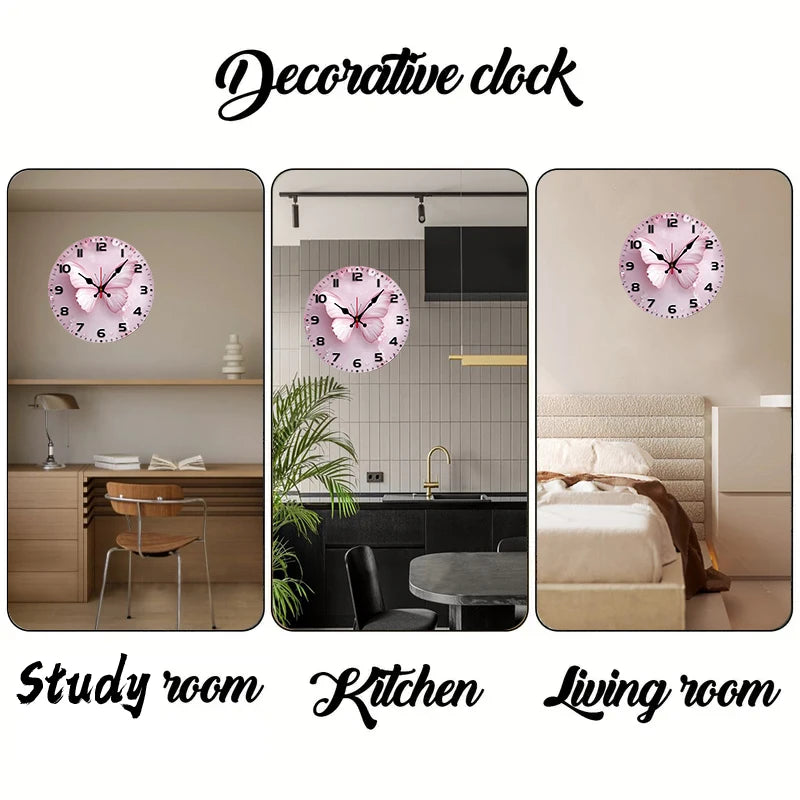 Pink Butterfly Wooden Round Silent Hanging Wall Clock, Suitable For Living Room, Office, Study Room, Bedroom, Home Decoration